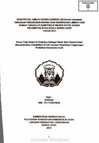 Image of Efektifitas Jumlah Eceng Gondok (Eichornia Crassipes) Terhadap Penurunan Warna Dan Kekeruhan Limbah Cair Rumah Tangga Di Gampong Ie Masen Kayee Adang Kecamatan Syah Kuala Banda Aceh Tahun 2013