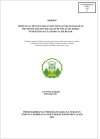 Image of HUBUNGAN PENGETAHUAN IBU DENGAN KELENGKAPAN IMUNISASI DASAR PADA BAYI DI WILAYAH KERJA PUSKESMAS KUTA BARO ACEH BESAR